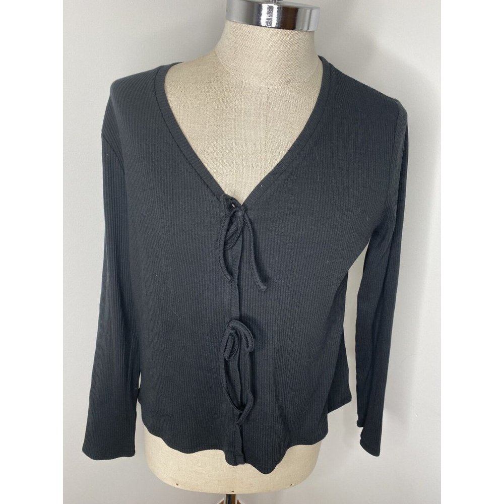 New Who What Wear Womens Top Blac Long Sleeve Shirt RIbbed Tie Front XXL